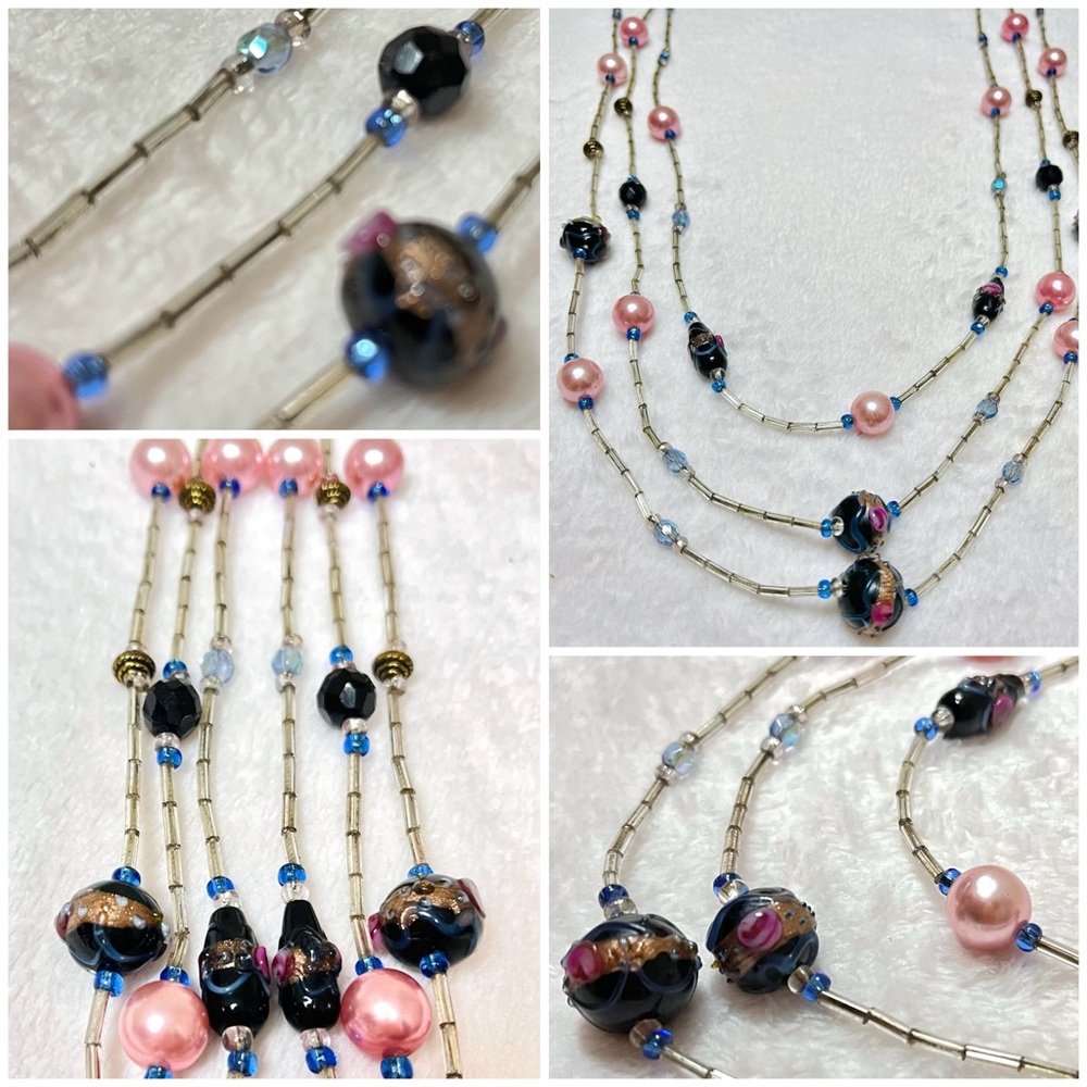 Vintage 3-strand Wedding Cake Beaded Necklace with Bugle Beads & Pink Pearls - Picture 3 of 15